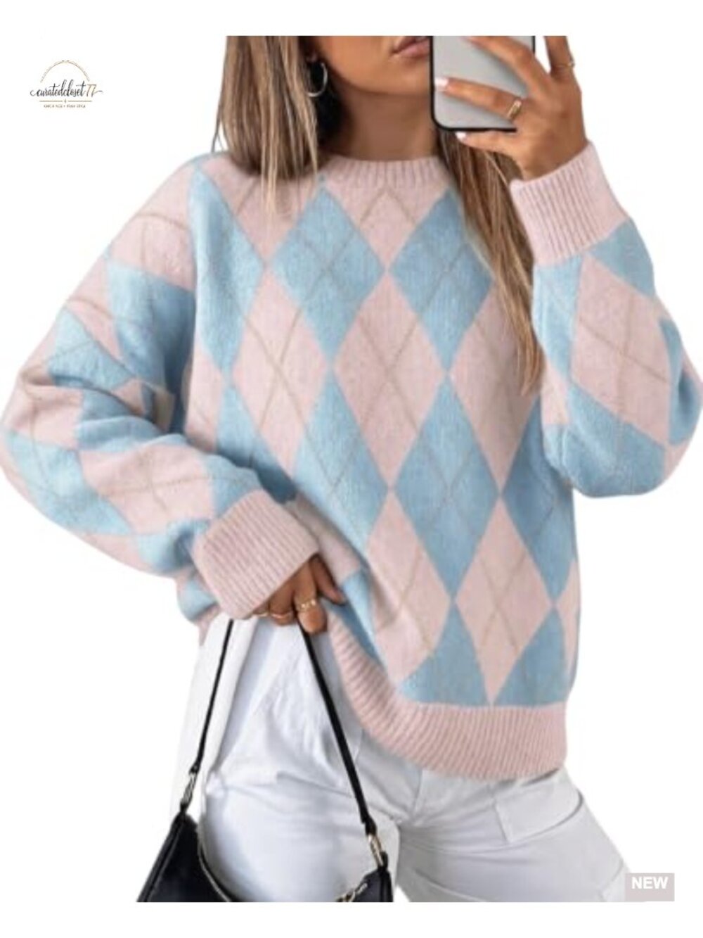 Oversized Argyle Plaid Knit Pullover Sweater Long Sleeve Casual